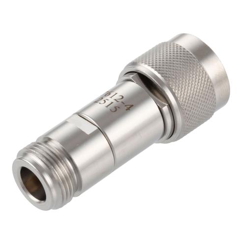 4 dB Fixed Attenuator N-Type Male (Plug) to N-Type Female (Jack) DC to 18 GHz Rated to 2 Watt Stainless Steel Body 1.3:1 VSWR FMAT7612-4