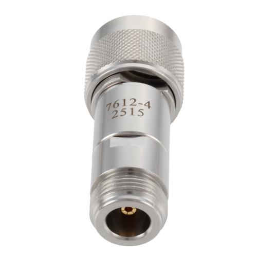 4 dB Fixed Attenuator N-Type Male (Plug) to N-Type Female (Jack) DC to 18 GHz Rated to 2 Watt Stainless Steel Body 1.3:1 VSWR FMAT7612-4