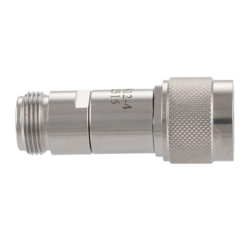 4 dB Fixed Attenuator N-Type Male (Plug) to N-Type Female (Jack) DC to 18 GHz Rated to 2 Watt Stainless Steel Body 1.3:1 VSWR FMAT7612-4