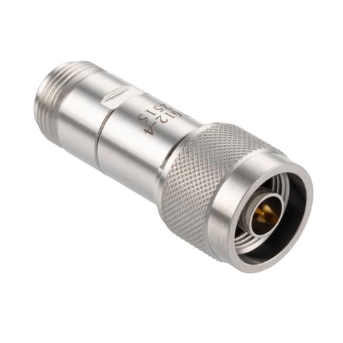 4 dB Fixed Attenuator N-Type Male (Plug) to N-Type Female (Jack) DC to 18 GHz Rated to 2 Watt Stainless Steel Body 1.3:1 VSWR FMAT7612-4