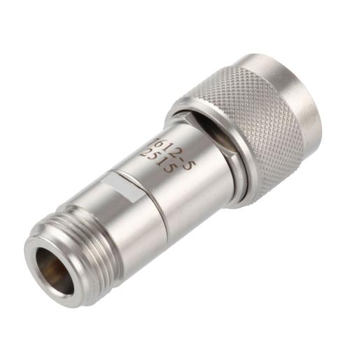 5 dB Fixed Attenuator N-Type Male (Plug) to N-Type Female (Jack) DC to 18 GHz Rated to 2 Watt Stainless Steel Body 1.3:1 VSWR FMAT7612-5