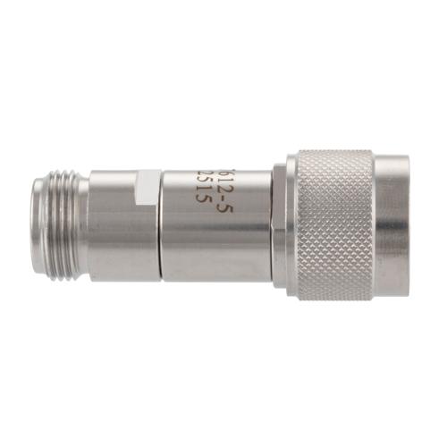 5 dB Fixed Attenuator N-Type Male (Plug) to N-Type Female (Jack) DC to 18 GHz Rated to 2 Watt Stainless Steel Body 1.3:1 VSWR FMAT7612-5