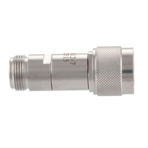 7 dB Fixed Attenuator N-Type Male (Plug) to N-Type Female (Jack) DC to 18 GHz Rated to 2 Watt Stainless Steel Body 1.3:1 VSWR FMAT7612-7