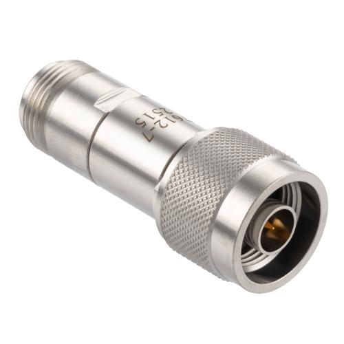 7 dB Fixed Attenuator N-Type Male (Plug) to N-Type Female (Jack) DC to 18 GHz Rated to 2 Watt Stainless Steel Body 1.3:1 VSWR FMAT7612-7