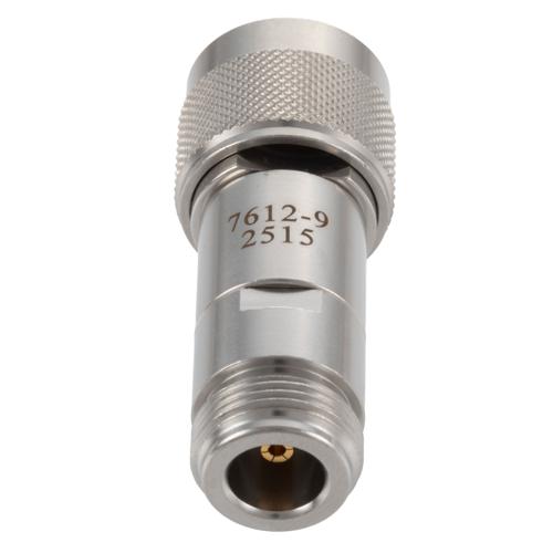 9 dB Fixed Attenuator N-Type Male (Plug) to N-Type Female (Jack) DC to 18 GHz Rated to 2 Watt Stainless Steel Body 1.3:1 VSWR FMAT7612-9