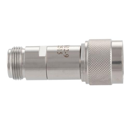 9 dB Fixed Attenuator N-Type Male (Plug) to N-Type Female (Jack) DC to 18 GHz Rated to 2 Watt Stainless Steel Body 1.3:1 VSWR FMAT7612-9