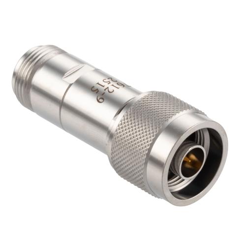 9 dB Fixed Attenuator N-Type Male (Plug) to N-Type Female (Jack) DC to 18 GHz Rated to 2 Watt Stainless Steel Body 1.3:1 VSWR FMAT7612-9
