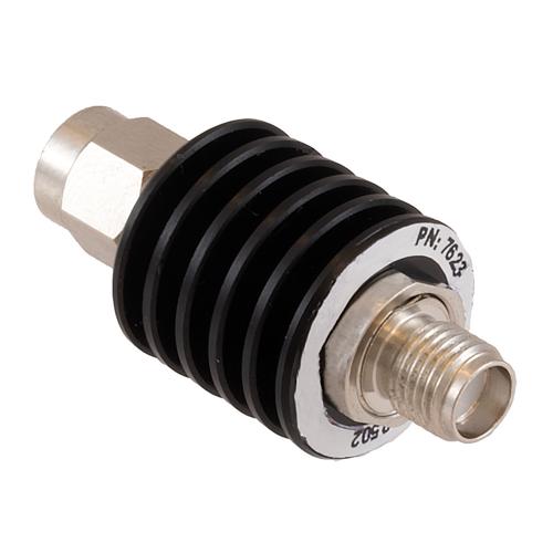 20 dB Fixed Attenuator SMA Male (Plug) to SMA Female (Jack) DC to 18 GHz Rated to 5 Watt Black Anodized Aluminum Heatsink Body 1.3:1 VSWR FMAT7623-20