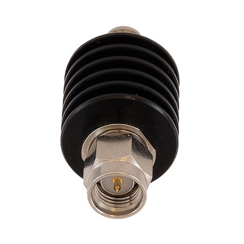 3 dB Fixed Attenuator SMA Male (Plug) to SMA Female (Jack) DC to 18 GHz Rated to 5 Watt Black Anodized Aluminum Heatsink Body 1.3:1 VSWR FMAT7623-3
