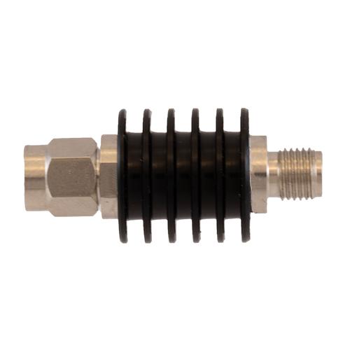 3 dB Fixed Attenuator SMA Male (Plug) to SMA Female (Jack) DC to 18 GHz Rated to 5 Watt Black Anodized Aluminum Heatsink Body 1.3:1 VSWR FMAT7623-3
