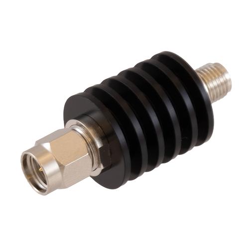 40 dB Fixed Attenuator SMA Male (Plug) to SMA Female (Jack) DC to 18 GHz Rated to 5 Watt Black Anodized Aluminum Heatsink Body 1.3:1 VSWR FMAT7623-40