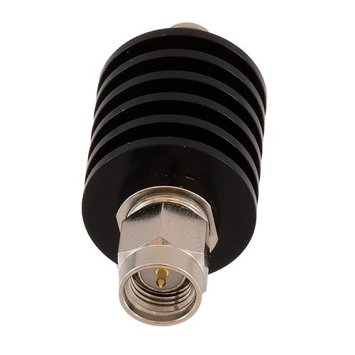 40 dB Fixed Attenuator SMA Male (Plug) to SMA Female (Jack) DC to 18 GHz Rated to 5 Watt Black Anodized Aluminum Heatsink Body 1.3:1 VSWR FMAT7623-40