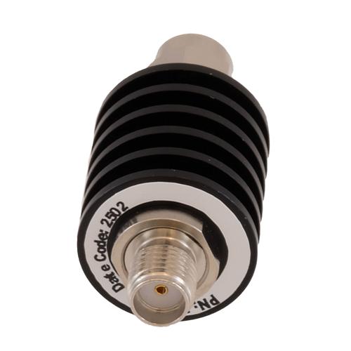 40 dB Fixed Attenuator SMA Male (Plug) to SMA Female (Jack) DC to 18 GHz Rated to 5 Watt Black Anodized Aluminum Heatsink Body 1.3:1 VSWR FMAT7623-40