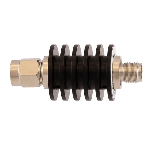 40 dB Fixed Attenuator SMA Male (Plug) to SMA Female (Jack) DC to 18 GHz Rated to 5 Watt Black Anodized Aluminum Heatsink Body 1.3:1 VSWR FMAT7623-40