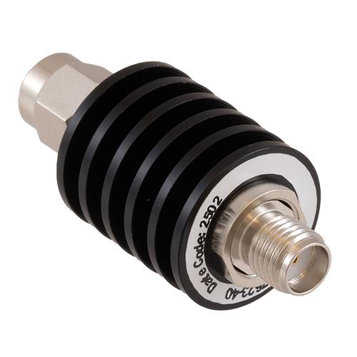 40 dB Fixed Attenuator SMA Male (Plug) to SMA Female (Jack) DC to 18 GHz Rated to 5 Watt Black Anodized Aluminum Heatsink Body 1.3:1 VSWR FMAT7623-40