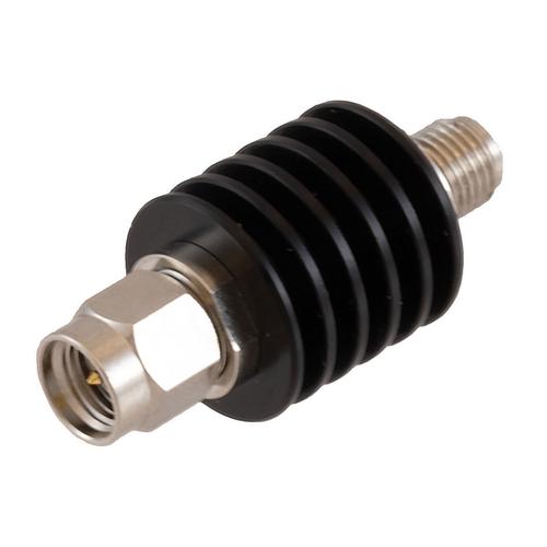 6 dB Fixed Attenuator SMA Male (Plug) to SMA Female (Jack) DC to 18 GHz Rated to 5 Watt Black Anodized Aluminum Heatsink Body 1.3:1 VSWR FMAT7623-6