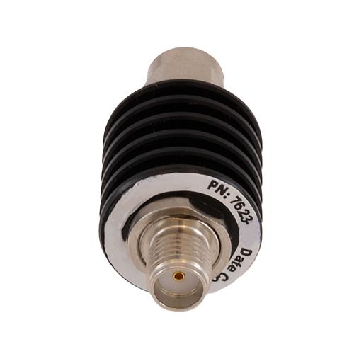 6 dB Fixed Attenuator SMA Male (Plug) to SMA Female (Jack) DC to 18 GHz Rated to 5 Watt Black Anodized Aluminum Heatsink Body 1.3:1 VSWR FMAT7623-6