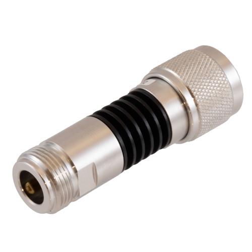 2 dB Fixed Attenuator N-Type Male (Plug) to N-Type Female (Jack) DC to 18 GHz Rated to 5W Black Anodized Aluminum Heatsink Body 1.3:1 VSWR FMAT7624-2