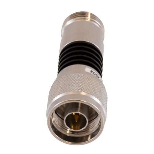 2 dB Fixed Attenuator N-Type Male (Plug) to N-Type Female (Jack) DC to 18 GHz Rated to 5W Black Anodized Aluminum Heatsink Body 1.3:1 VSWR FMAT7624-2