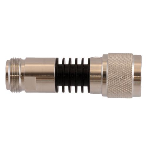 2 dB Fixed Attenuator N-Type Male (Plug) to N-Type Female (Jack) DC to 18 GHz Rated to 5W Black Anodized Aluminum Heatsink Body 1.3:1 VSWR FMAT7624-2