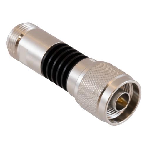 2 dB Fixed Attenuator N-Type Male (Plug) to N-Type Female (Jack) DC to 18 GHz Rated to 5W Black Anodized Aluminum Heatsink Body 1.3:1 VSWR FMAT7624-2