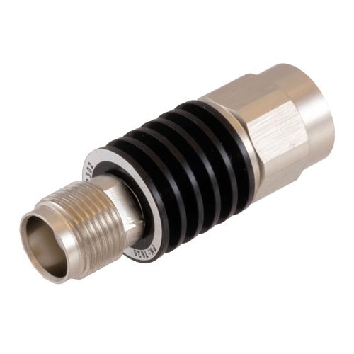 2 dB Fixed Attenuator TNC Male (Plug) to TNC Female (Jack) DC to 18 GHz Rated to 5 Watt Black Anodized Aluminum Heatsink Body 1.3:1 VSWR FMAT7625-2
