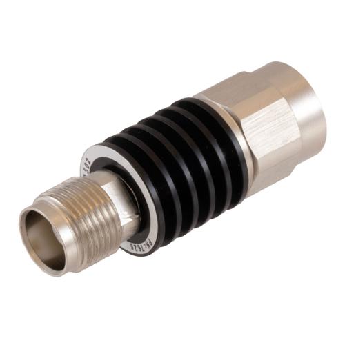 3 dB Fixed Attenuator TNC Male (Plug) to TNC Female (Jack) DC to 18 GHz Rated to 5 Watt Black Anodized Aluminum Heatsink Body 1.3:1 VSWR FMAT7625-3