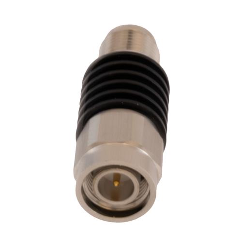 30 dB Fixed Attenuator TNC Male (Plug) to TNC Female (Jack) DC to 18 GHz Rated to 5 Watt Black Anodized Aluminum Heatsink Body 1.3:1 VSWR FMAT7625-30