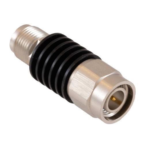 3 dB Fixed Attenuator TNC Male (Plug) to TNC Female (Jack) DC to 18 GHz Rated to 5 Watt Black Anodized Aluminum Heatsink Body 1.3:1 VSWR FMAT7625-3