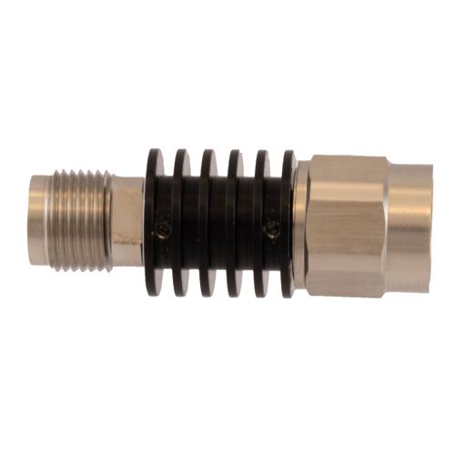 6 dB Fixed Attenuator TNC Male (Plug) to TNC Female (Jack) DC to 18 GHz Rated to 5 Watt Black Anodized Aluminum Heatsink Body 1.3:1 VSWR FMAT7625-6