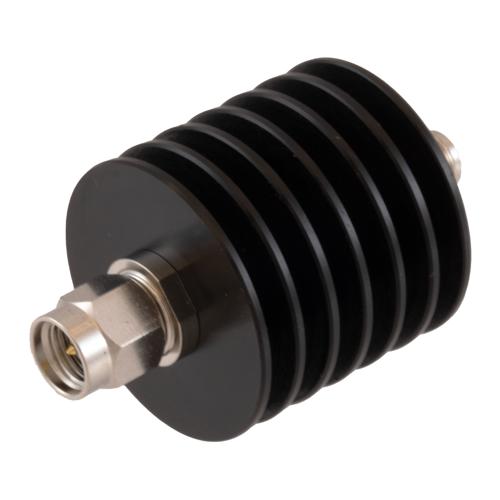 20 dB Fixed Attenuator SMA Male (Plug) to SMA Female (Jack) DC to 18 GHz Rated to 10 Watt Black Anodized Aluminum Heatsink Body 1.3:1 VSWR FMAT7626-20
