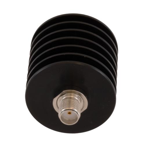 20 dB Fixed Attenuator SMA Male (Plug) to SMA Female (Jack) DC to 18 GHz Rated to 10 Watt Black Anodized Aluminum Heatsink Body 1.3:1 VSWR FMAT7626-20