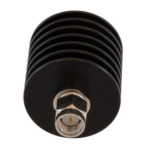 3 dB Fixed Attenuator SMA Male (Plug) to SMA Female (Jack) DC to 18 GHz Rated to 10 Watt Black Anodized Aluminum Heatsink Body 1.3:1 VSWR FMAT7626-3