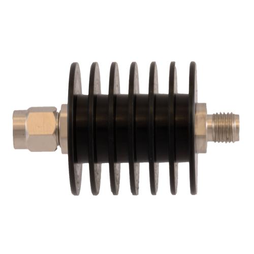 3 dB Fixed Attenuator SMA Male (Plug) to SMA Female (Jack) DC to 18 GHz Rated to 10 Watt Black Anodized Aluminum Heatsink Body 1.3:1 VSWR FMAT7626-3