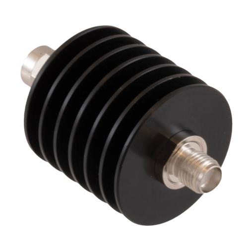 40 dB Fixed Attenuator SMA Male (Plug) to SMA Female (Jack) DC to 18 GHz Rated to 10 Watt Black Anodized Aluminum Heatsink Body 1.3:1 VSWR FMAT7626-40