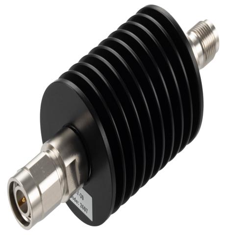 30 dB Fixed Attenuator TNC Male (Plug) to TNC Female (Jack) Up to 8 GHz Rated to 25 Watts, Black Aluminum Body, 1.25 VSWR FMAT7627-30
