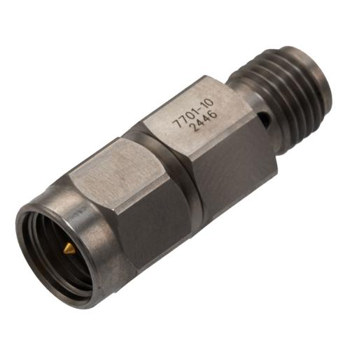 10 dB Fixed Attenuator for Cryogenic Application, SMA Male to SMA Female, DC to 18 GHz Rated to 2 Watt Passivated Stainless Steel Body FMAT7701-10