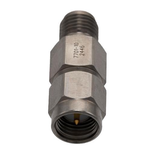 10 dB Fixed Attenuator for Cryogenic Application, SMA Male to SMA Female, DC to 18 GHz Rated to 2 Watt Passivated Stainless Steel Body FMAT7701-10
