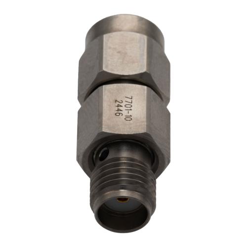 10 dB Fixed Attenuator for Cryogenic Application, SMA Male to SMA Female, DC to 18 GHz Rated to 2 Watt Passivated Stainless Steel Body FMAT7701-10