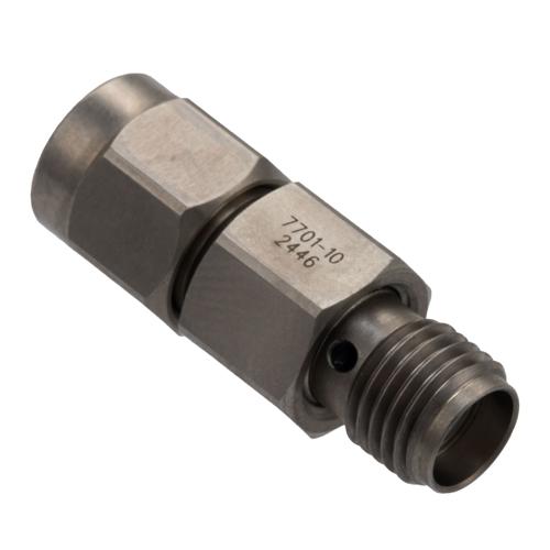 10 dB Fixed Attenuator for Cryogenic Application, SMA Male to SMA Female, DC to 18 GHz Rated to 2 Watt Passivated Stainless Steel Body FMAT7701-10