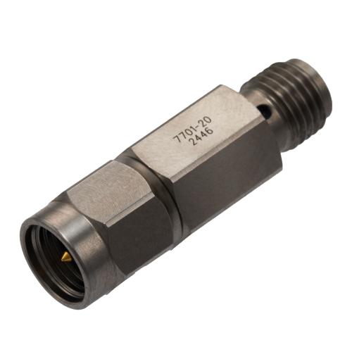 20 dB Fixed Attenuator for Cryogenic Application, SMA Male to SMA Female, DC to 18 GHz Rated to 2 Watt Passivated Stainless Steel Body FMAT7701-20