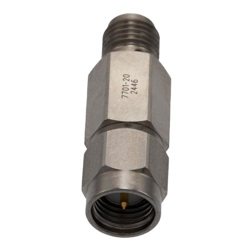 20 dB Fixed Attenuator for Cryogenic Application, SMA Male to SMA Female, DC to 18 GHz Rated to 2 Watt Passivated Stainless Steel Body FMAT7701-20