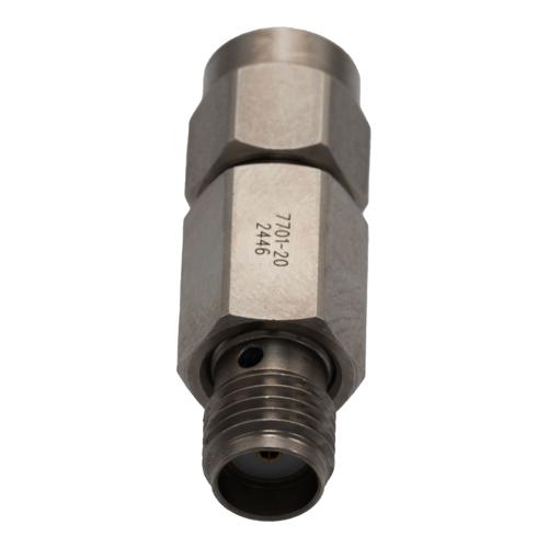 20 dB Fixed Attenuator for Cryogenic Application, SMA Male to SMA Female, DC to 18 GHz Rated to 2 Watt Passivated Stainless Steel Body FMAT7701-20