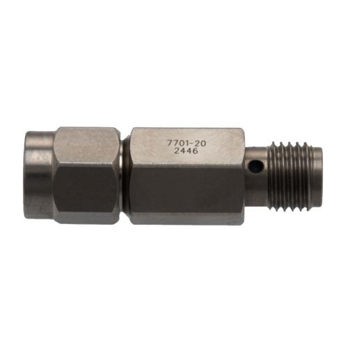 20 dB Fixed Attenuator for Cryogenic Application, SMA Male to SMA Female, DC to 18 GHz Rated to 2 Watt Passivated Stainless Steel Body FMAT7701-20