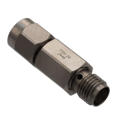 20 dB Fixed Attenuator for Cryogenic Application, SMA Male to SMA Female, DC to 18 GHz Rated to 2 Watt Passivated Stainless Steel Body FMAT7701-20