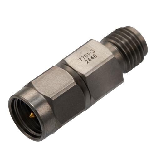 3 dB Fixed Attenuator for Cryogenic Application, SMA Male to SMA Female, DC to 18 GHz Rated to 2 Watt Passivated Stainless Steel Body FMAT7701-3