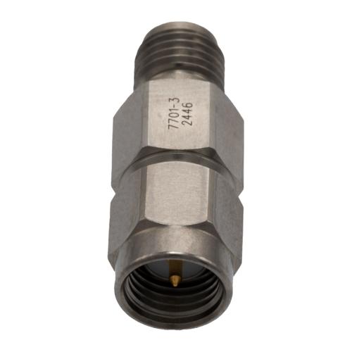 3 dB Fixed Attenuator for Cryogenic Application, SMA Male to SMA Female, DC to 18 GHz Rated to 2 Watt Passivated Stainless Steel Body FMAT7701-3