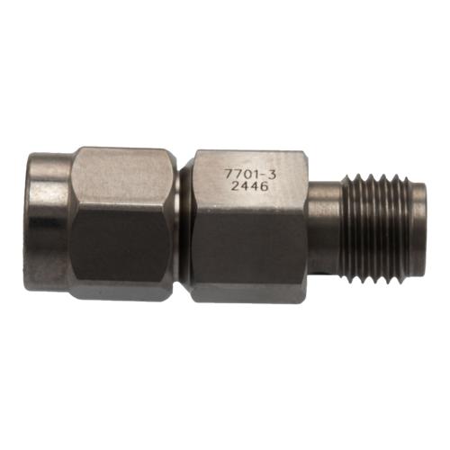 3 dB Fixed Attenuator for Cryogenic Application, SMA Male to SMA Female, DC to 18 GHz Rated to 2 Watt Passivated Stainless Steel Body FMAT7701-3