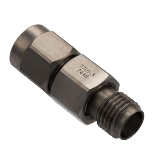 3 dB Fixed Attenuator for Cryogenic Application, SMA Male to SMA Female, DC to 18 GHz Rated to 2 Watt Passivated Stainless Steel Body FMAT7701-3