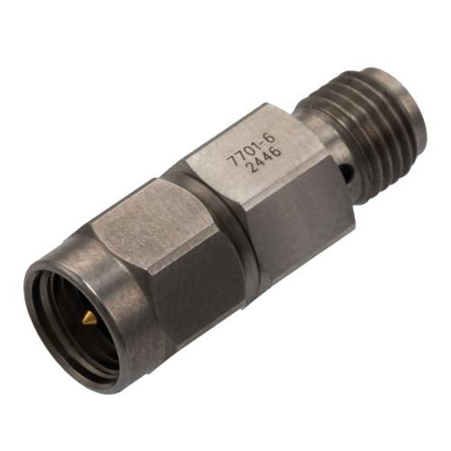 6 dB Fixed Attenuator for Cryogenic Application, SMA Male to SMA Female, DC to 18 GHz Rated to 2 Watt Passivated Stainless Steel Body FMAT7701-6